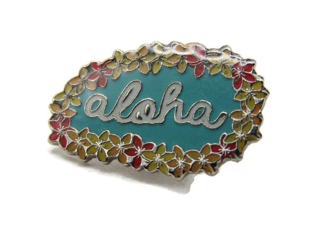 Aloha Lettered Flower Border Pin Silver Tone