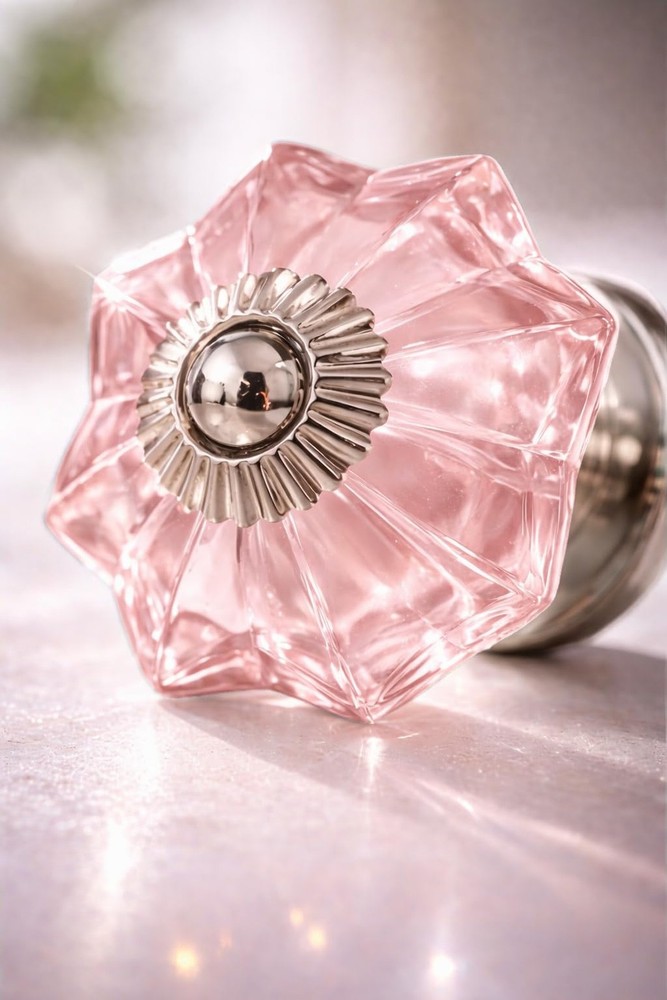 Pink Crystal Glass Cabinet Knobs – Decorative Drawer Pulls with Silver Met
