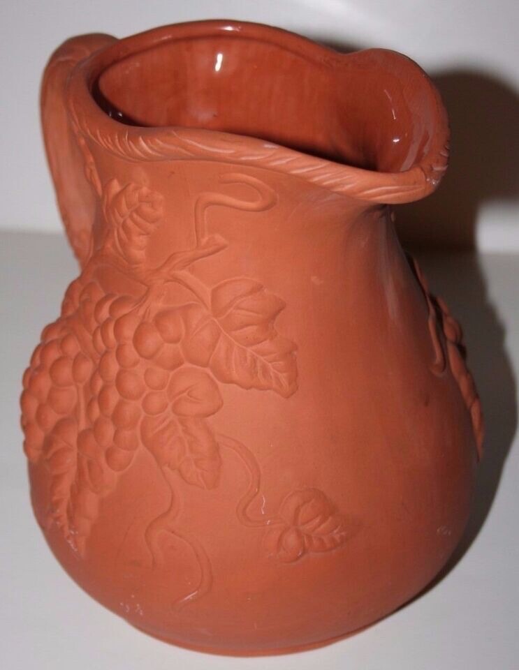 Ceramic Red Clay Colored Grape Vine Design 8 inch Pitcher