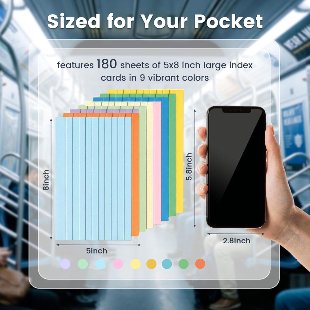 180PCS 5x8 Inch Colored Index Cards, Lined Flash Cards for Studying & Notes