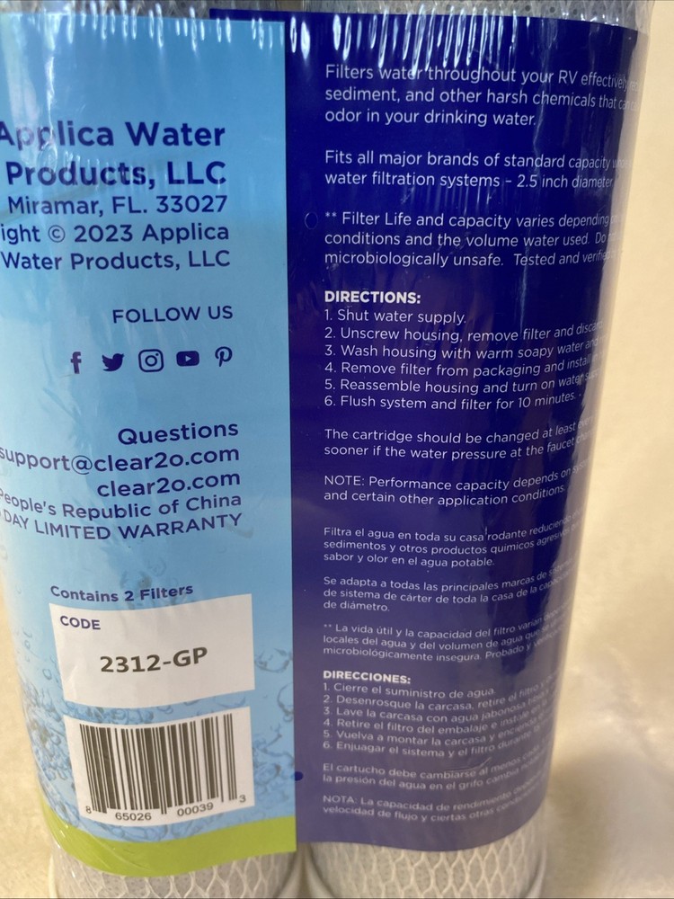 Clear 2O RV ADVANCED 5 MICRON CARBON FILTER CT01102. UNIVERSAL CAPACITY