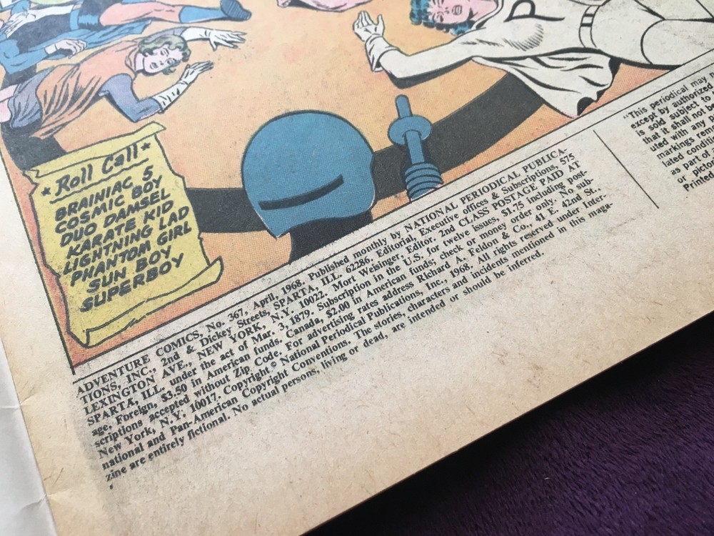Adventure Comics #367 April '68 , w sheet & board VG++ condition