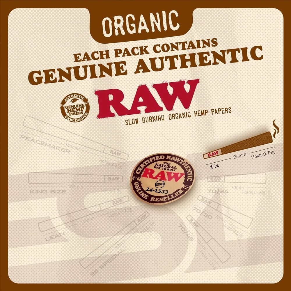 RAW Cones Organic 1 1/4 - 900 Count Box - Bulk Box