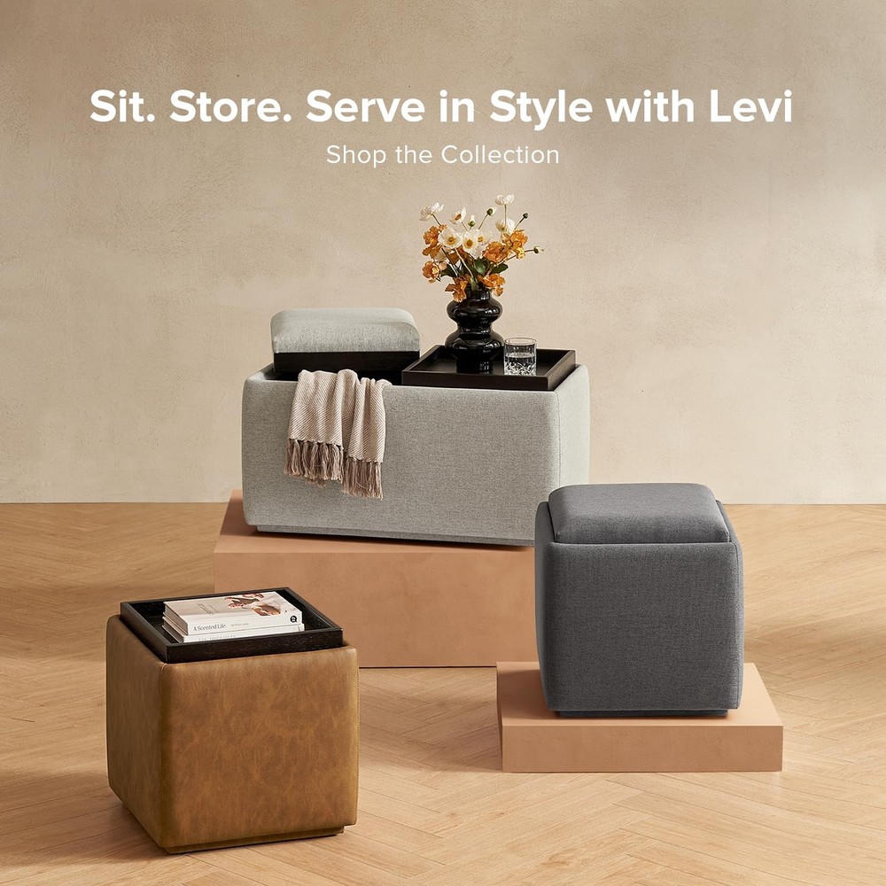 Levi Storage Ottoman with Reversible Tray, Modern Square Chest Coffee Table, ...