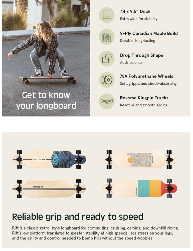 RETROSPEC NEW Skateboard Complete 41" Rift Drop Through Longboard Maple
