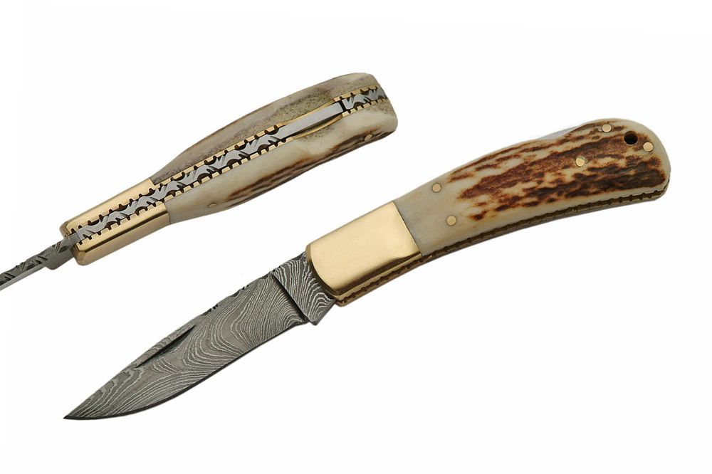 Damascus Steel Blade Folding Pocket Knife | 4" Stag Handle Classic Lockback