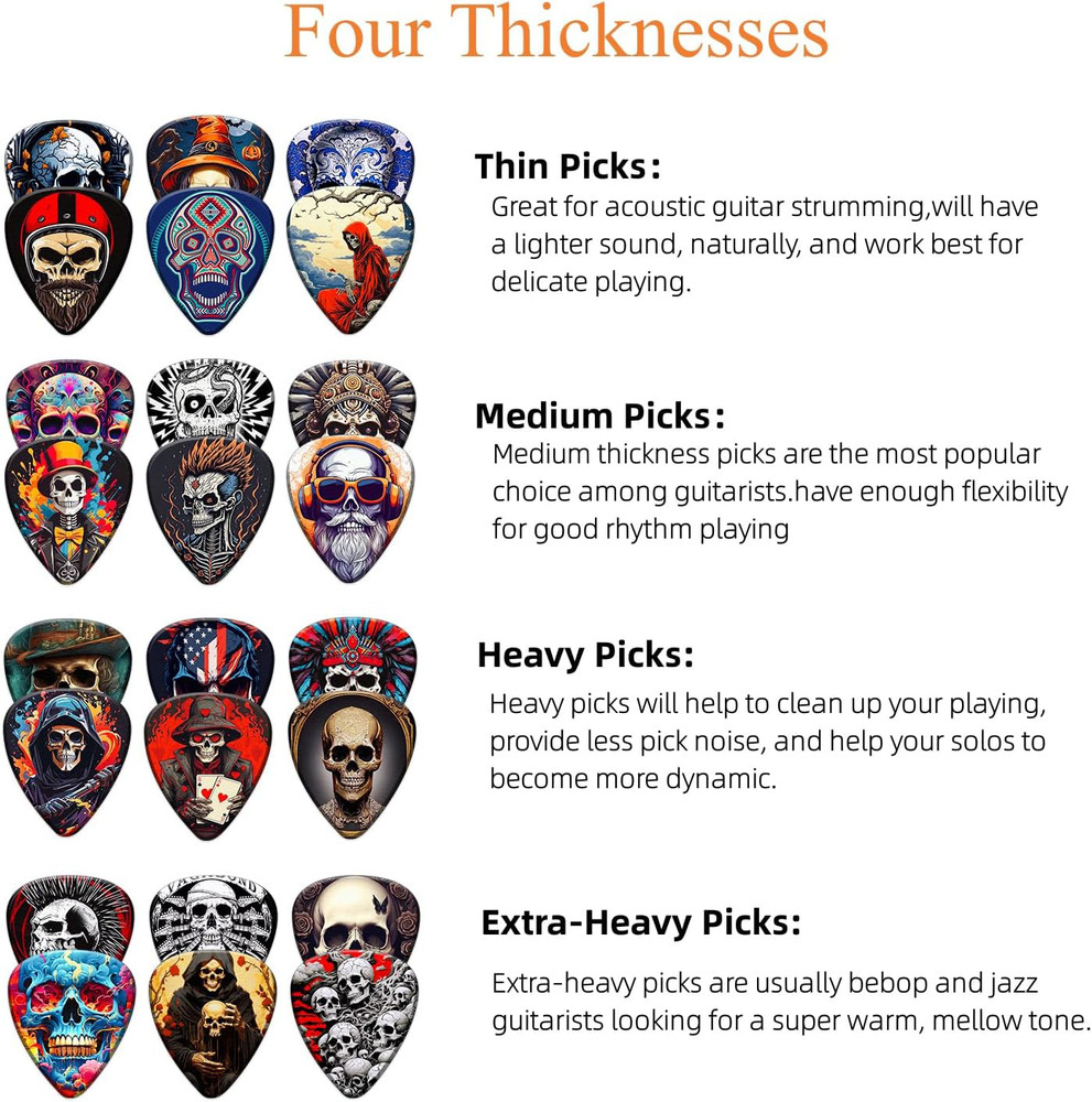 Personalized Skull Guitar Picks 24 Pack - Thin, Medium, Heavy Variety