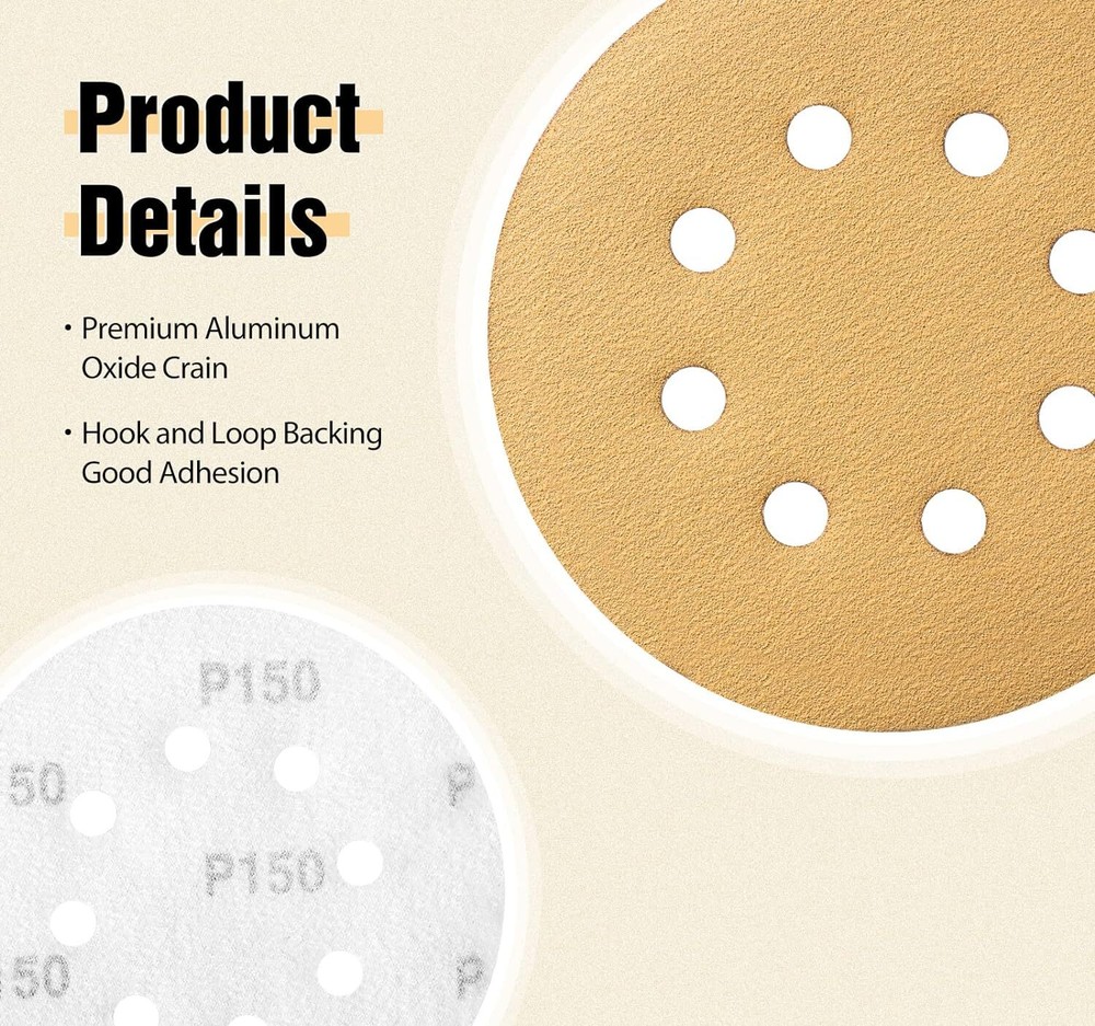 100Pack 8 Hole 125mm 150Grit Gold Sanding Disc Hook Loop Sandpaper for DA Sander