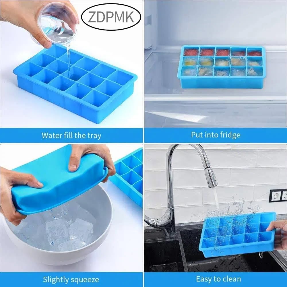 2 Pack Ice Cube Trays, ZDPMK Silicone Easy Release Flexible Molds 2 Set, Blue