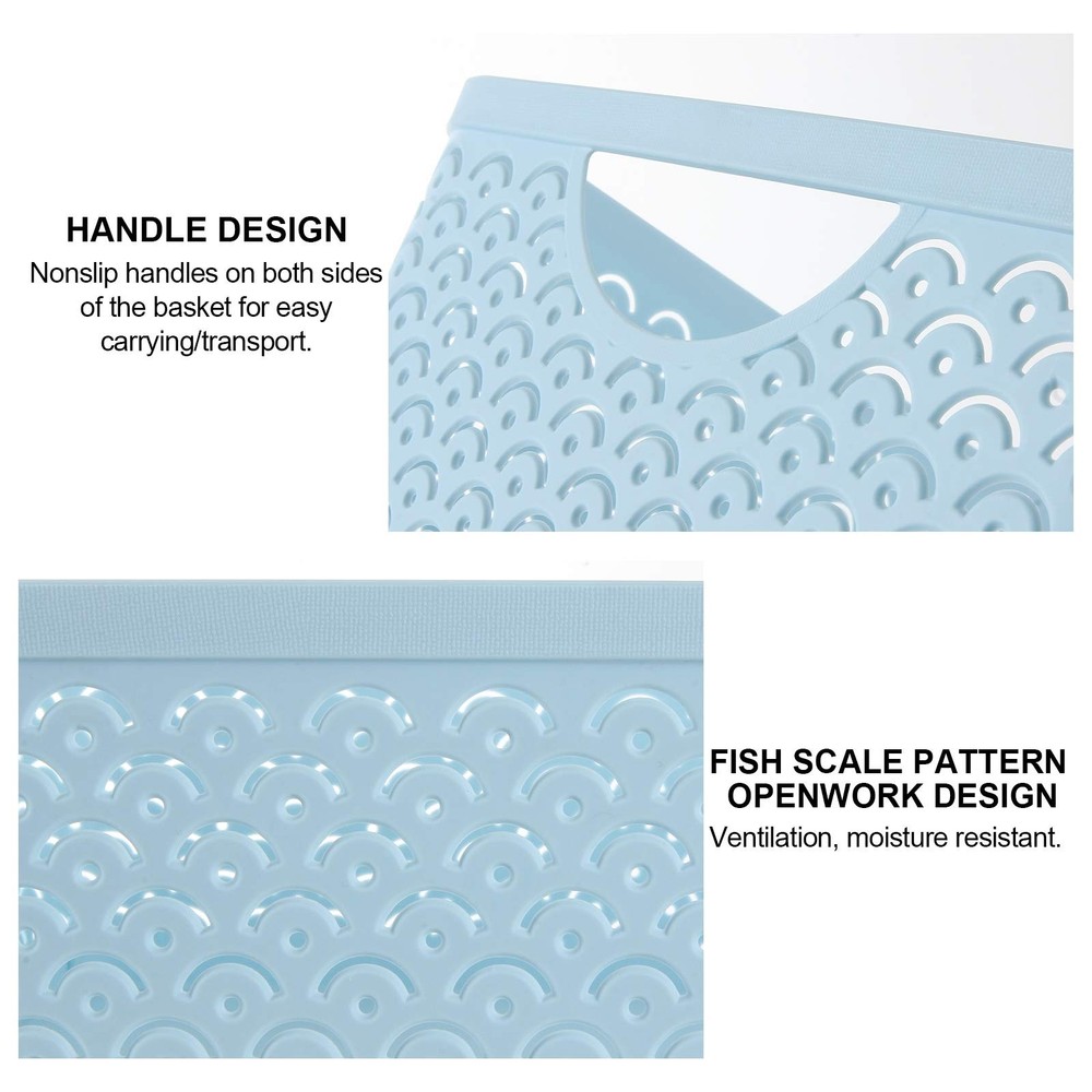 3 Pack Plastic Storage Baskets with Handles, Wavy Fish Scale Pattern Hollow D...