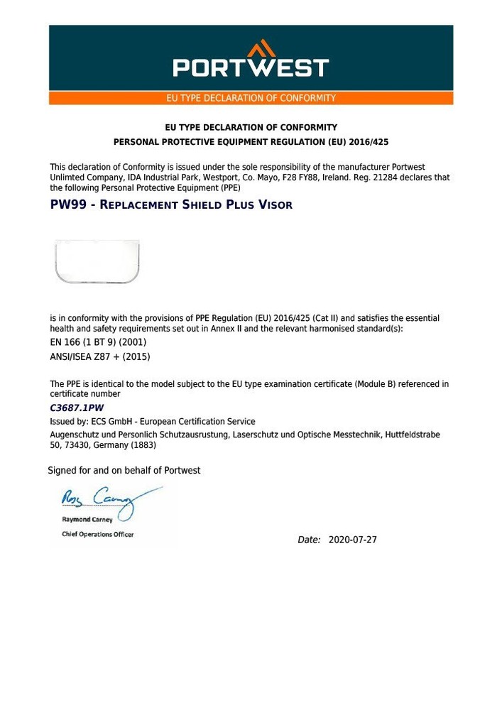 Portwest Replacement Shield Plus Visor Clear | PW99