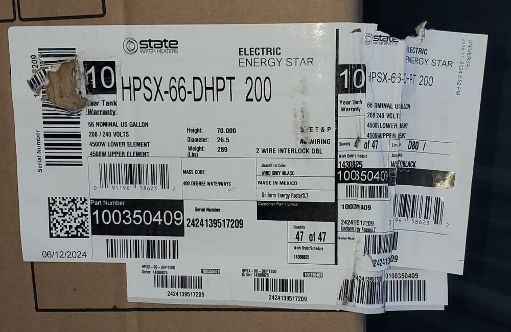 STATE HPSX-66-DHPT BTU 66 GALLON SMART HYBRID ELECTRIC HEAT PUMP WATER HEATER