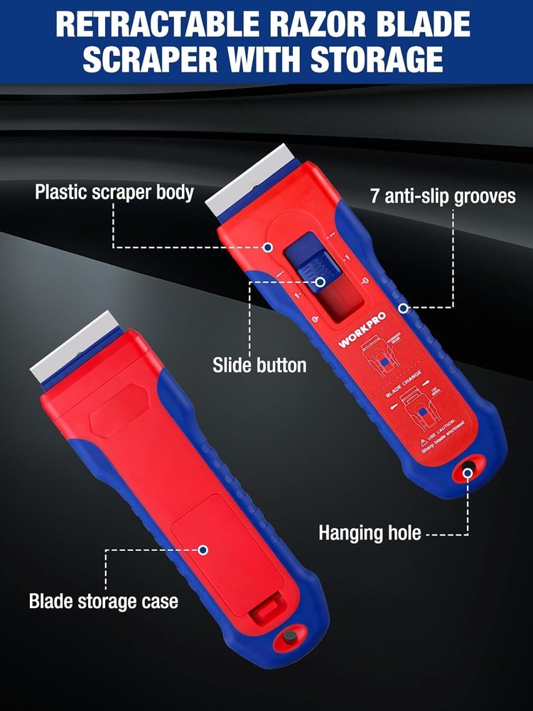 WORKPRO Retractable Razor Blade Scraper 56PC Blade Storage Cleaning Scraper Tool