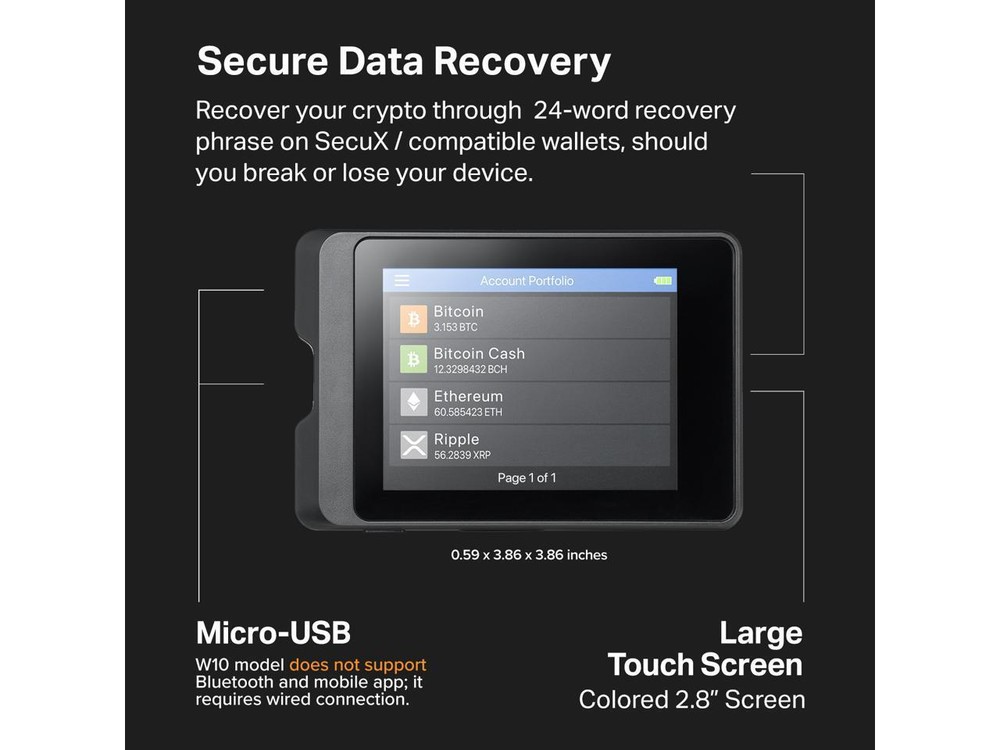SecuX W10 Crypto Hardware Wallet- Infineon CC EAL5+ Secure Element, USB cable to