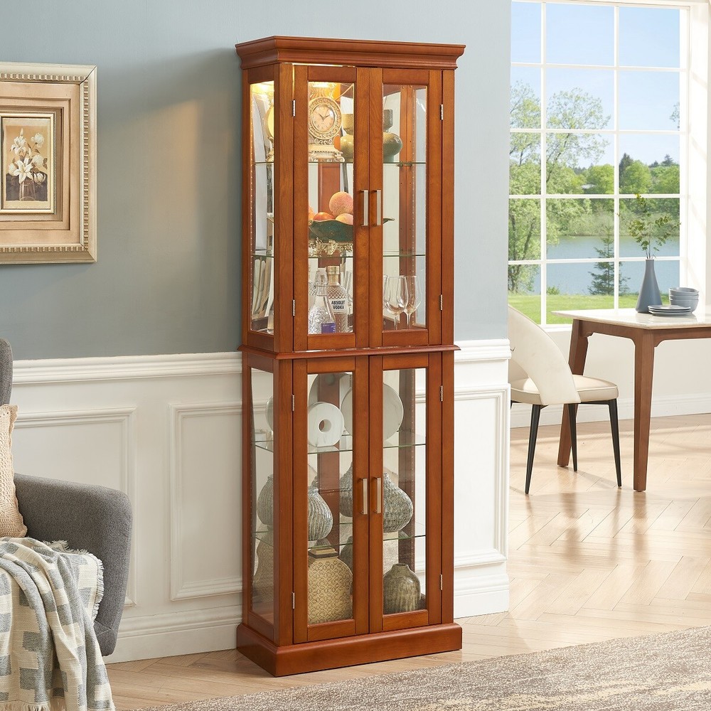 Lighted Curio Diapaly Cabinet with Adjustable Shelves and Mirrored Back Panel