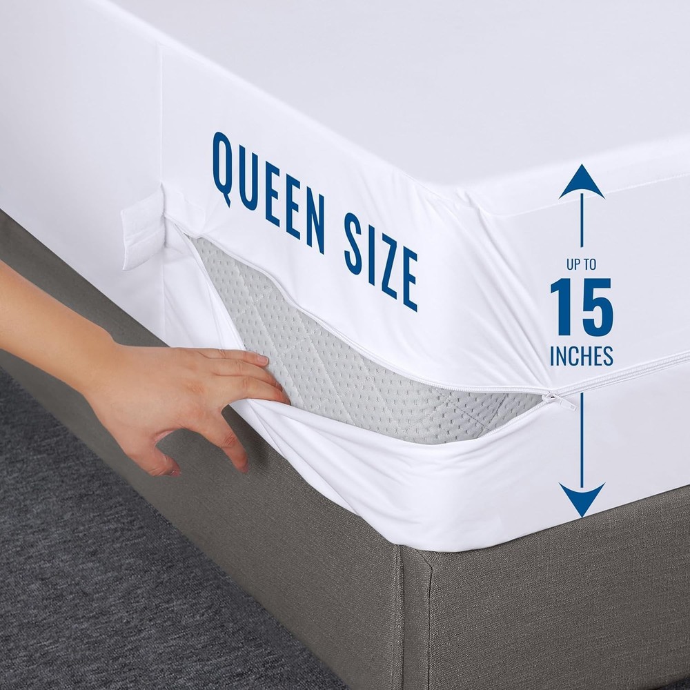 Utopia Bedding Mattress Protector Zippered Queen Size, 100% Queen, White