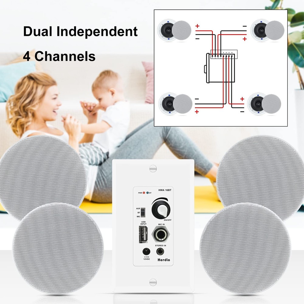 Herdio Bluetooth Wall Amplifier 4 Channels Volume Control Wall Plate USB/MIC/...