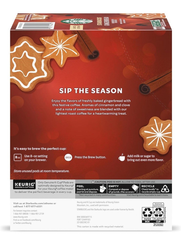Starbucks K-Cup Gingerbread 22 K Cups 06/25 Date