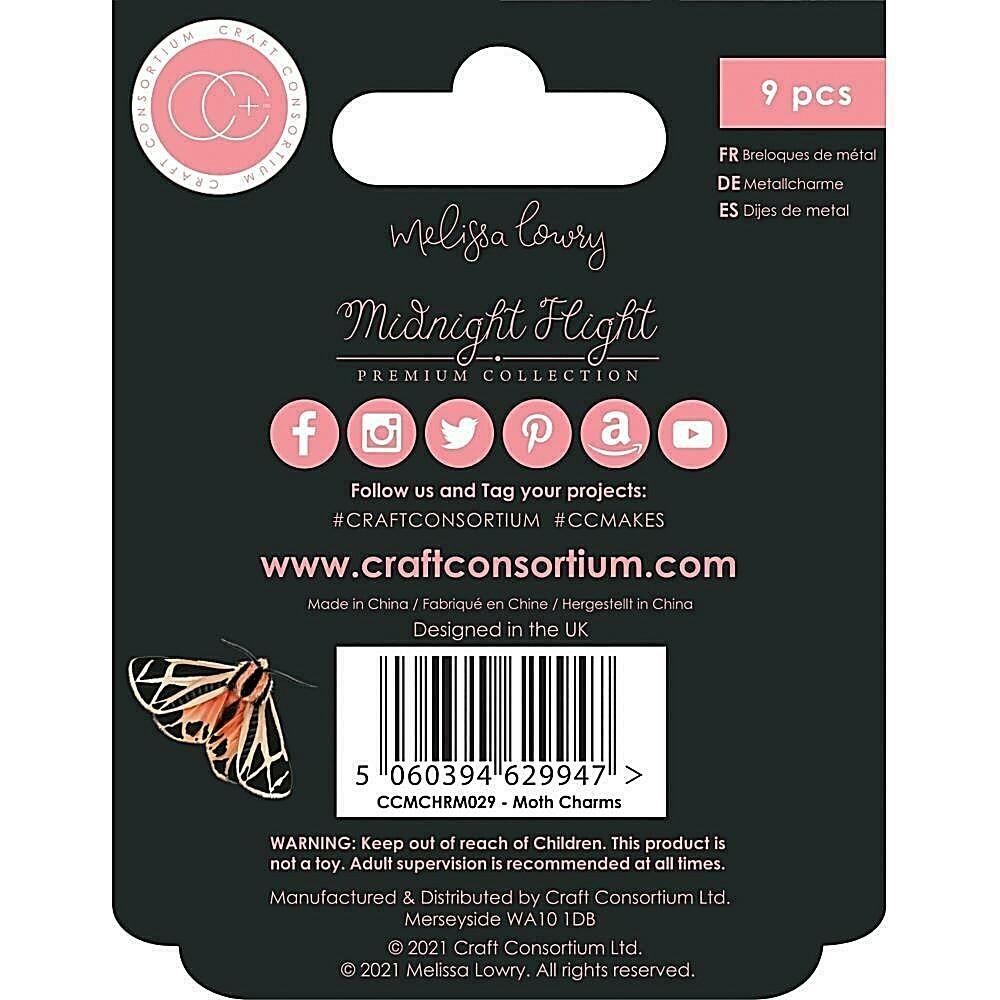 Craft Consortium Midnight Flight Metal Charms 9/Pkg Silver Moth
