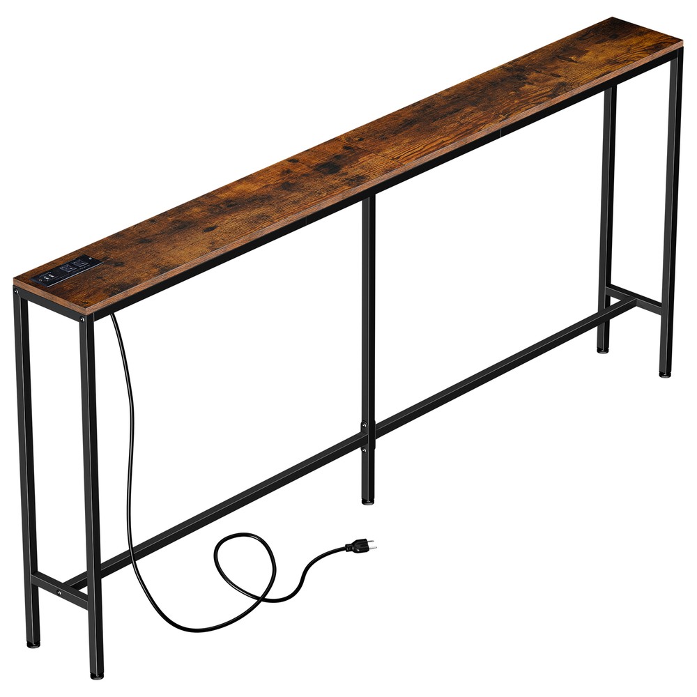 Sofa Table with Charging Station 70" Narrow Console Table Entryway Table Brown