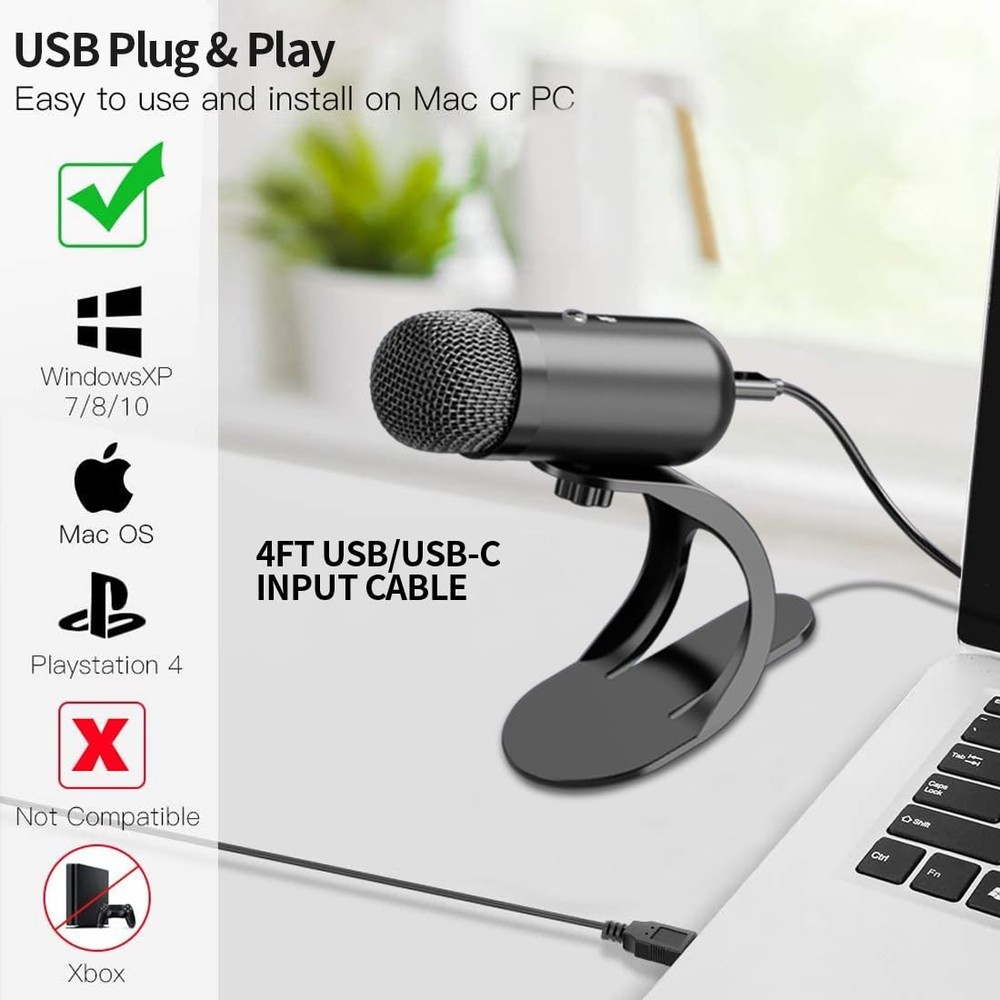 USB Computer Microphone, Podcast Mic Desktop with Mute Button for Recording S...