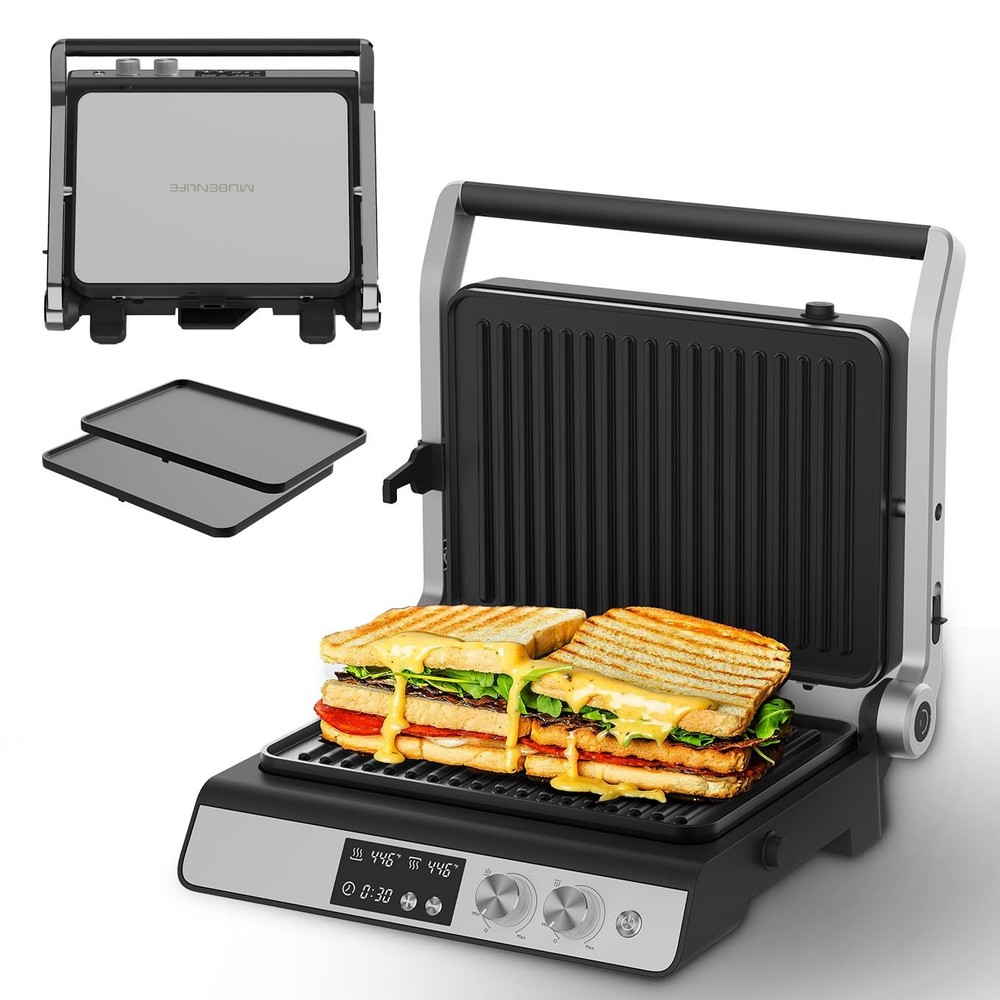 Panini Press 4 Slice Contact Grill Digital Timer Removable Plates 180Open Silver