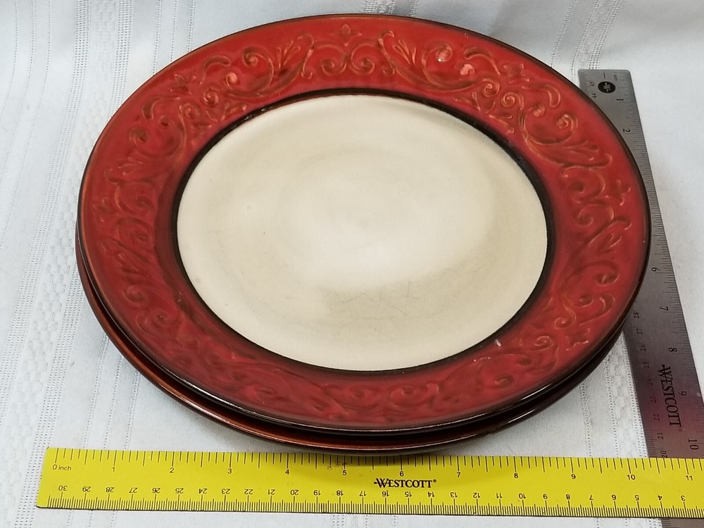 2 Pier 1 Imports Stoneware Red Scroll Dinner Plates