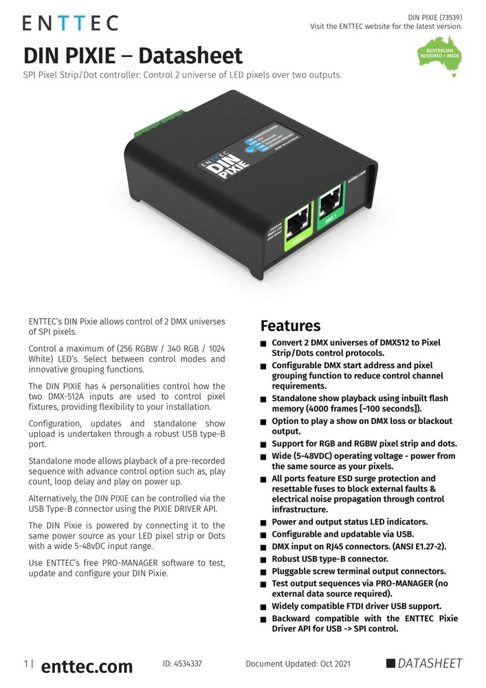 Enttec Din Pixie 73539, 2 Universe DMX LED Pixel Controller