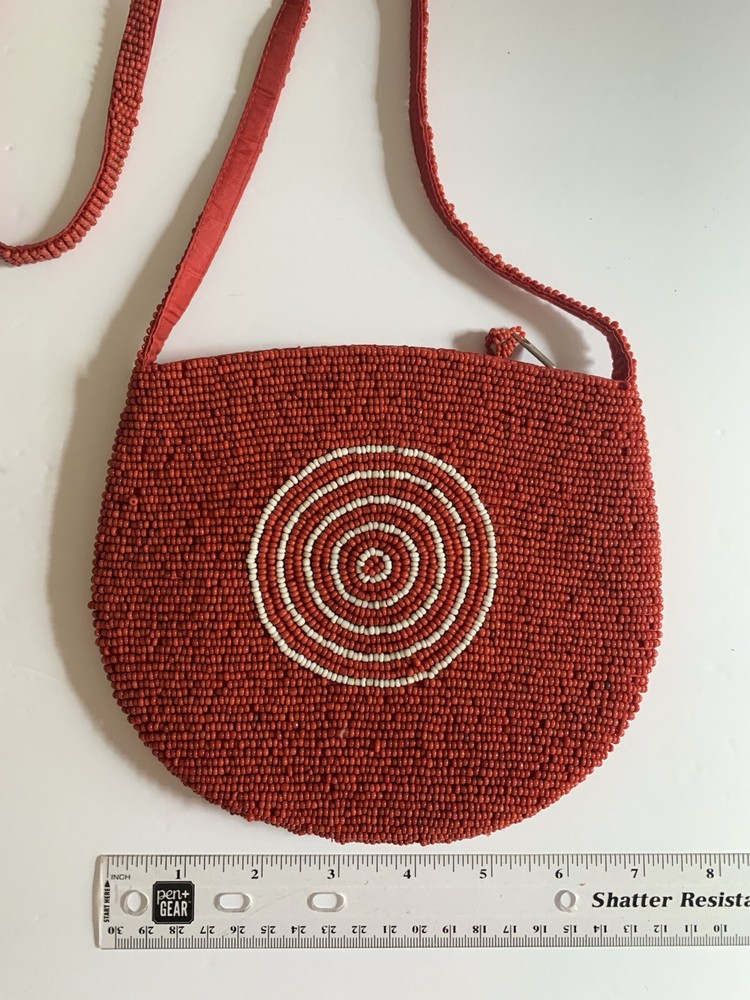 Vintage Red Beaded Purse With Target Pattern