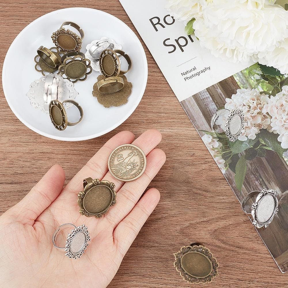 16Pcs 8 Style Adjustable Blank Rings Bulk Bezel Ring Blanks Antique Silver Bronz