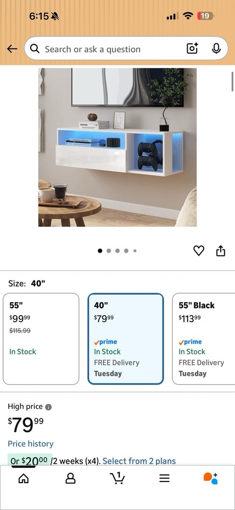 Wall Mounted TV Stand White Gloss 40in Open Storage 2 Shelves Rectangular