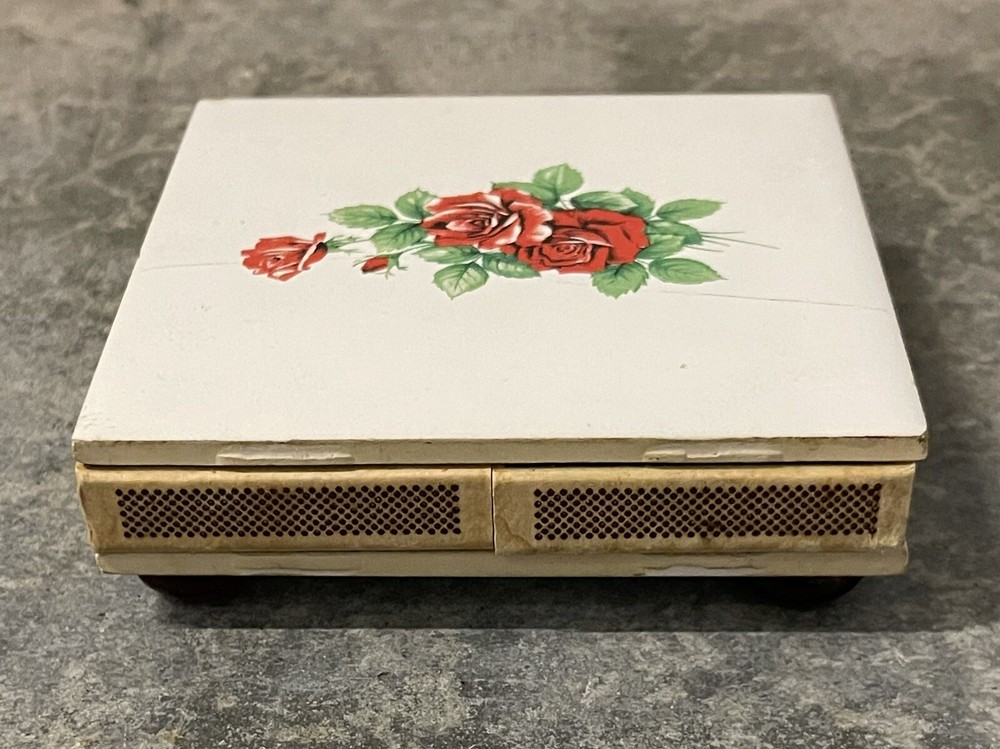 Vintage Square Roses Ceramic Tile Match Holder Box