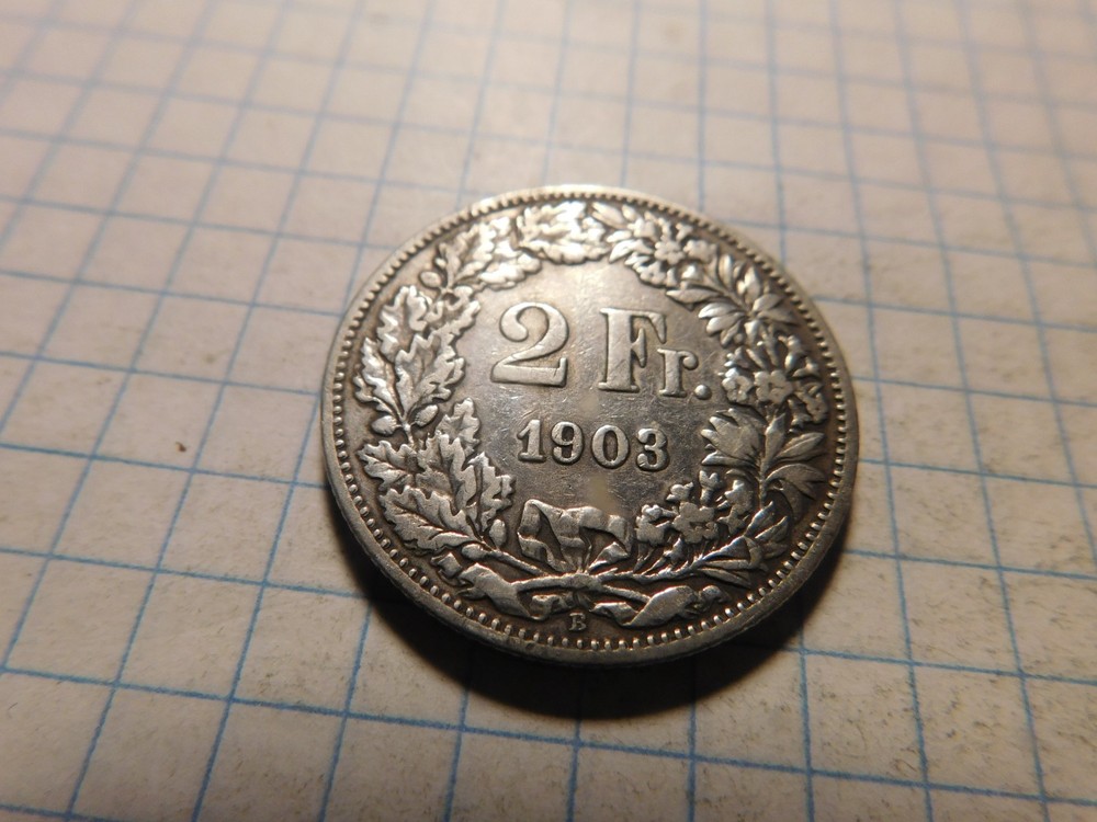 SWITZERLAND 2 FRANCS 1908 B SILVER # 1115