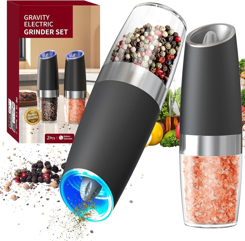 2Pack Electric Salt and Pepper Grinder Set, Automatic Gravity Salt & Pepper Mill