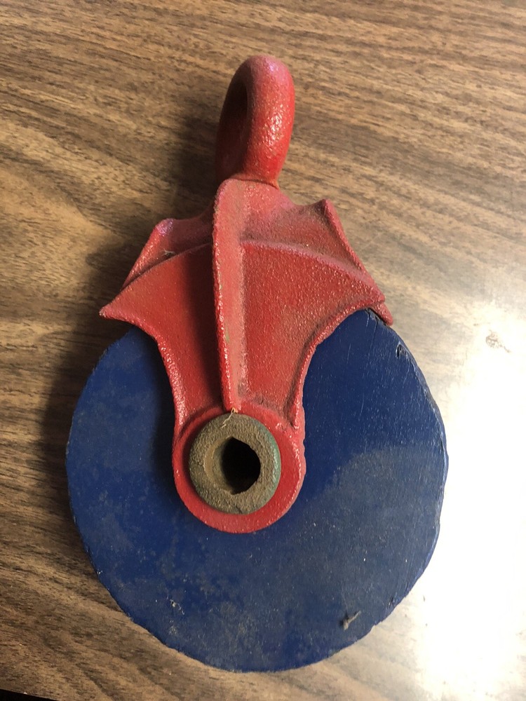 Antique wood Pulley red / blue