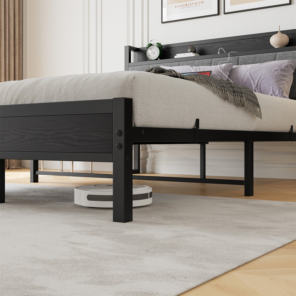 Queen Size Bed Frame Metal Platform Bed w/ Storage Headboard & Charging Station