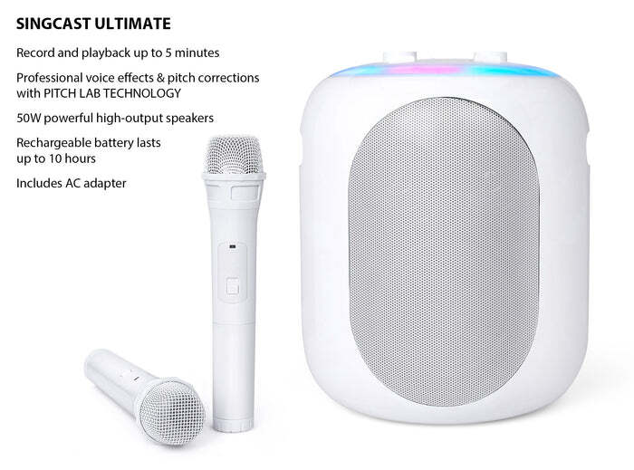 SINGING MACHINE SINGCAST ULTIMATE KARAOKE SYSTEM W/ MICROPHONES, WHITE