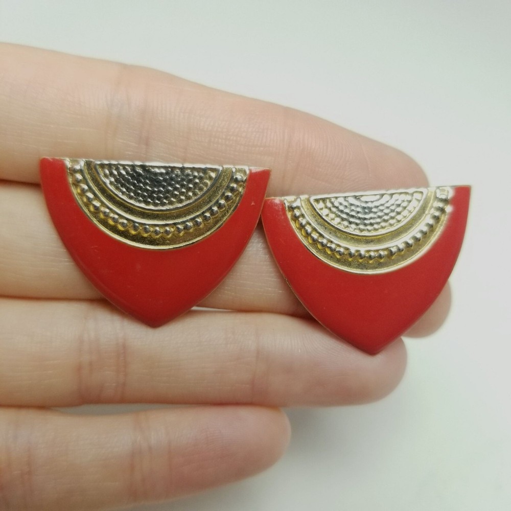 Vintage Triangular Red Enamel Stud Earrings, Retro 80s Style Design, Bold