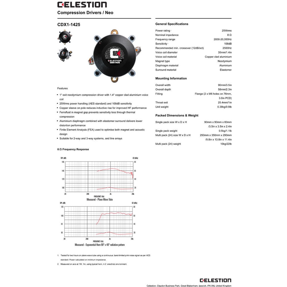 Celestion CDX1-1425 Neo 1" Compression Horn Driver 25W