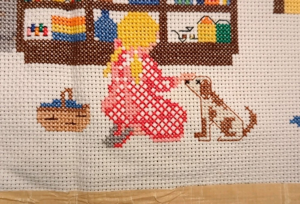 Completed cross stitch unframed YE OLD CANDY SHOPPE 17" X 10" - 2 PIECES INCLUDE