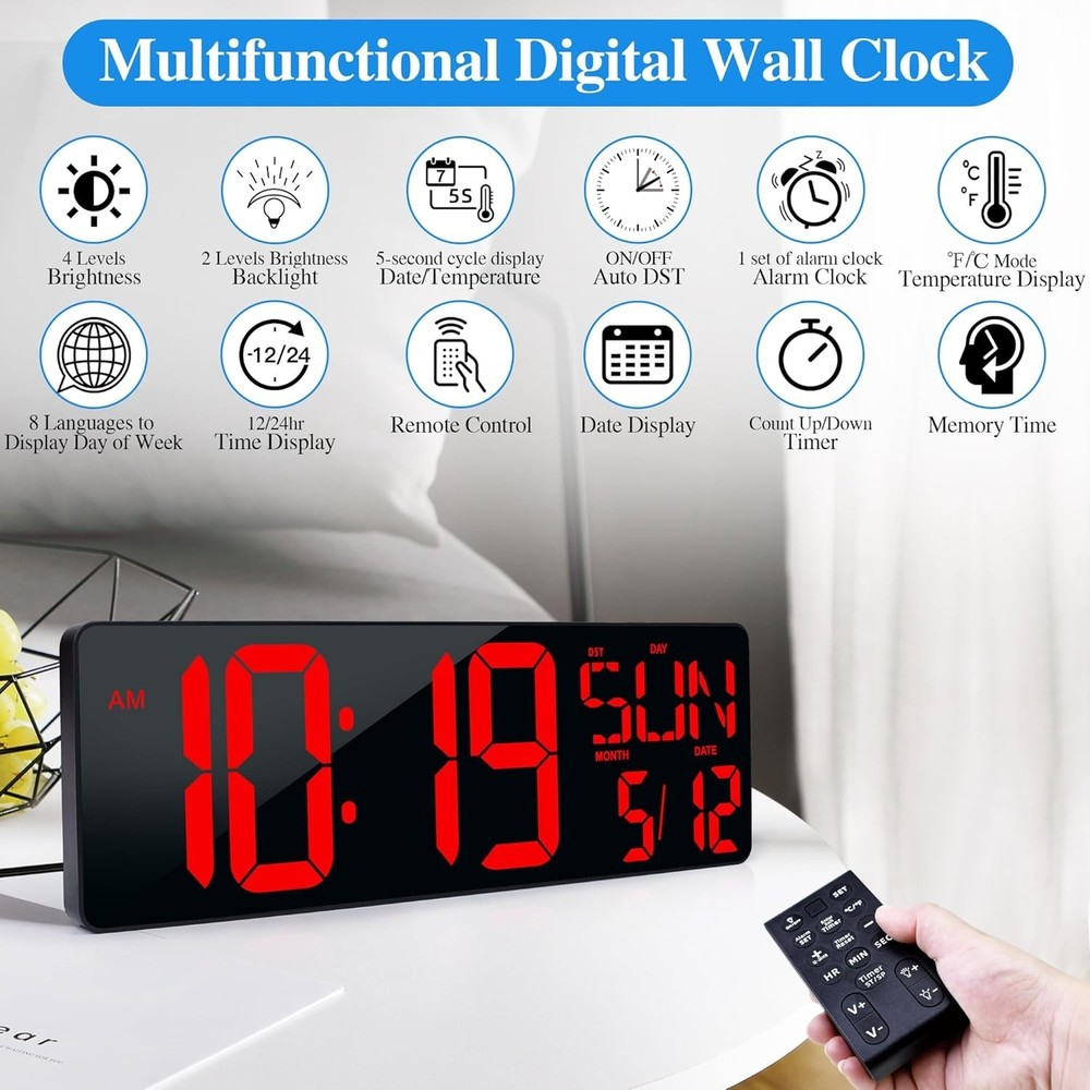 Large Digital Wall Clock with Remote Control 17.2" LED Large Display Timer