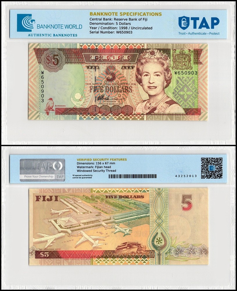 Fiji 5 Dollars, 1998 ND, P-101b, UNC, TAP Authenticated