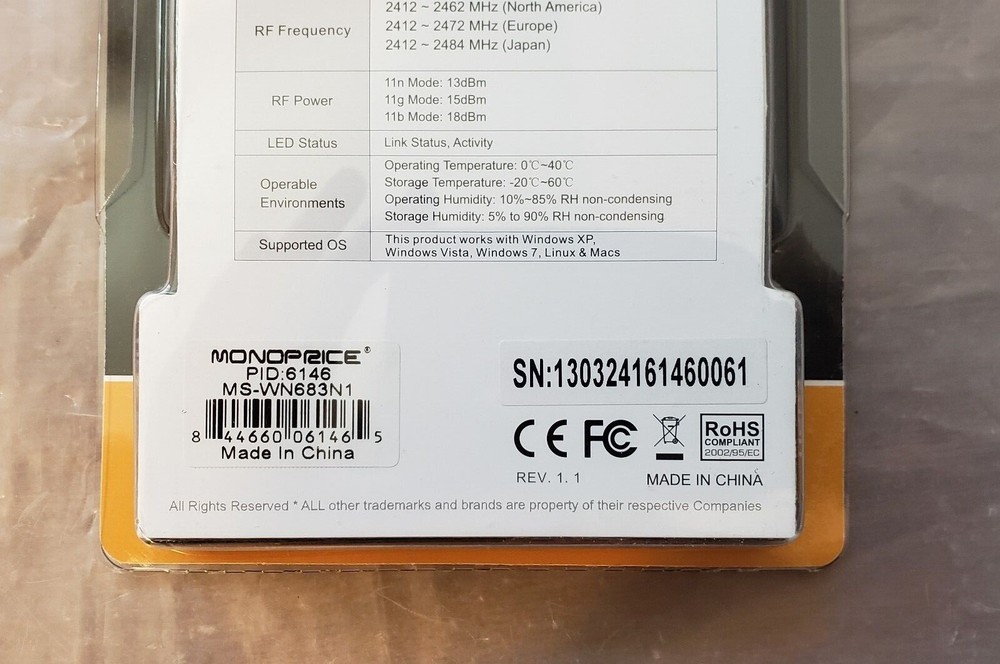 Monoprice Mini USB Wireless Lan 802.11N Adapter Dongle 106146
