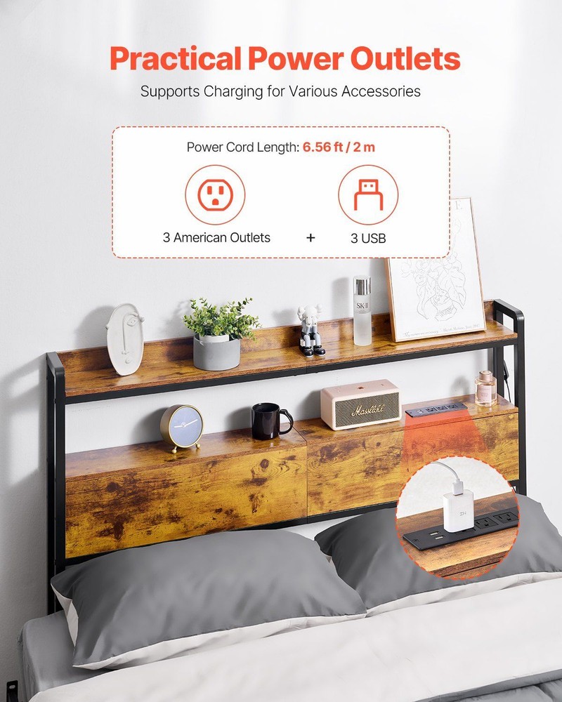 Adjustable Full Size Headboard w/Storage Shelves, USB Charging & LED Light