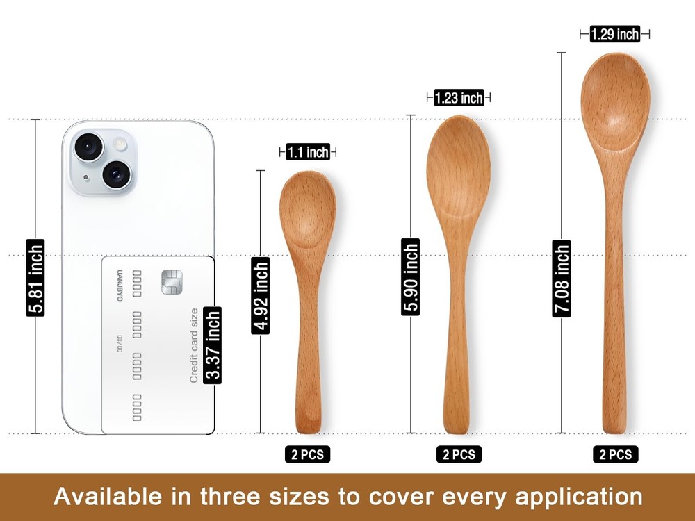 6 Piece Small Wooden Spoons Set - Premium Beech Multiple Sizes, Light Brown