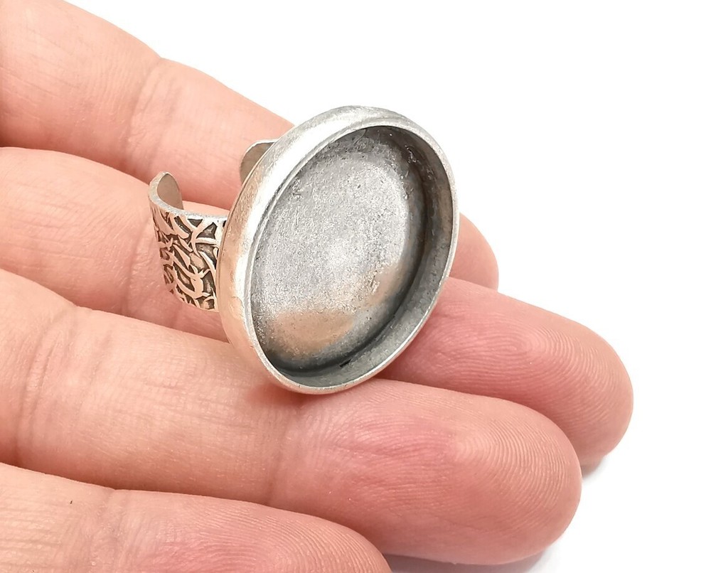 Round Antique Silver Ring Blank Setting, Cabochon Mounting Adjustable Resin Ring