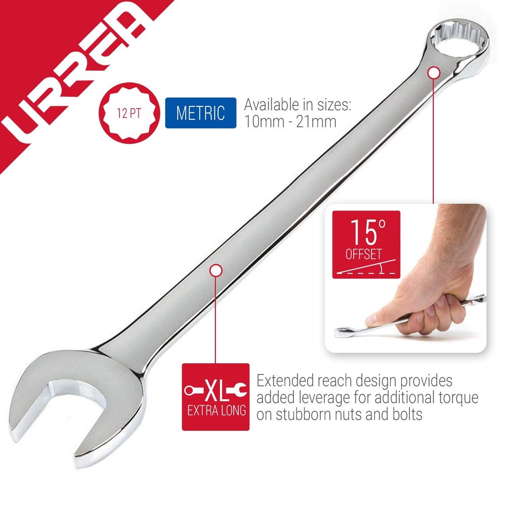 URREA 12-Point Combination Wrench - 15mm Extra Long 15mm, Single