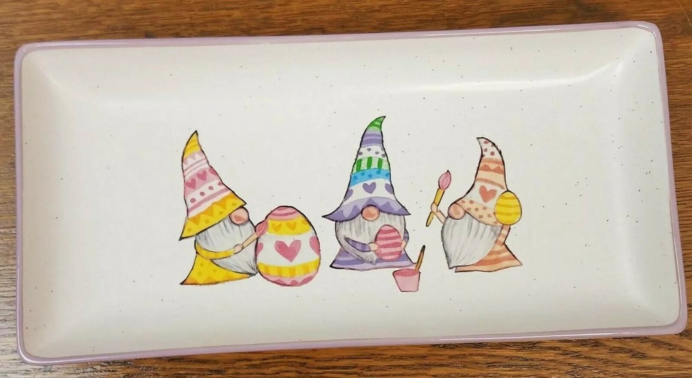 Ceramic Purple Rectangular Easter Platter/Candy Dish Gnomes Painting Easter Egg