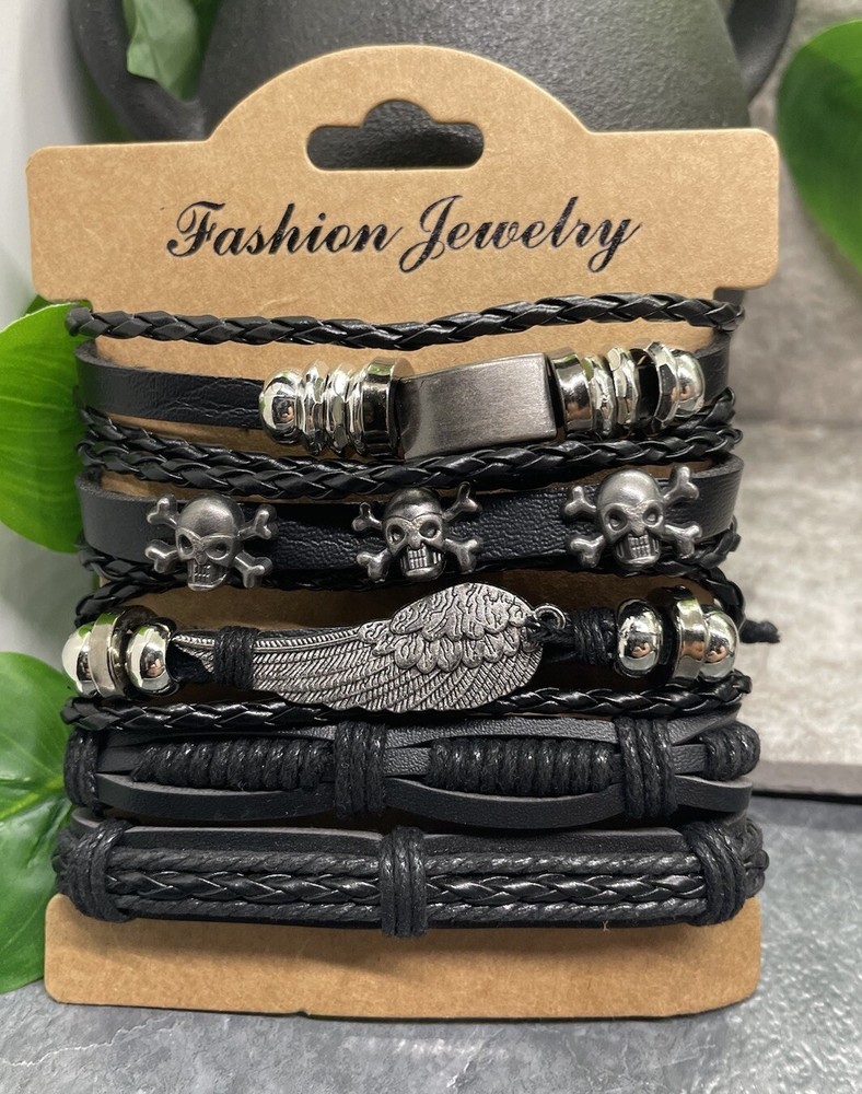 5 PC PU Leather Punk Bead Bracelet Stackable Adjustable Tie New Free Ship B3322