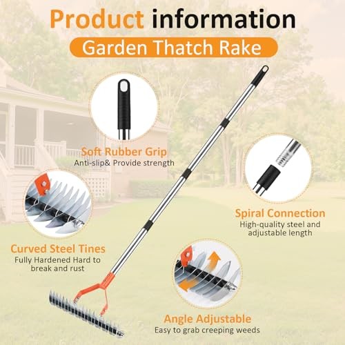 Thatch Rake -15 Inch Dethatcher Rake with Adjustable Handle, Efficient Steel